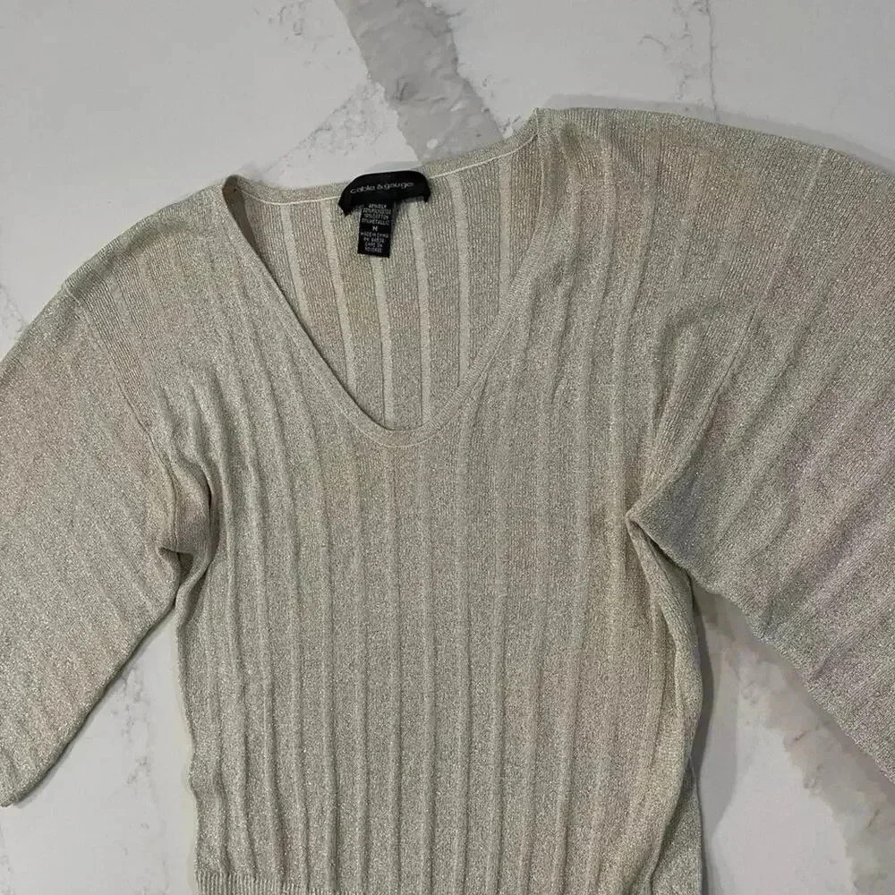 Cable & Gauge Silk Gold Sparkle Ribbed VNeck y2k Sweater Womens Medium Christmas - Picture 4 of 6